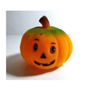 Vintage Halloween Orange JOL Pumpkin Head Fuzzy Flocked Toy Hong Kong 1960s Cute